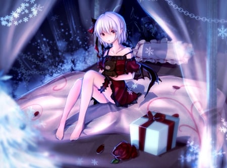 â„~A Lonely Christmas~â„ - bed, gift, rose, scarlet, touhou, anime, short hair, remilia, cute, pillow, curtains, snow flake, lovely, kawaii, lonely, snow, beautiful, red, sweet