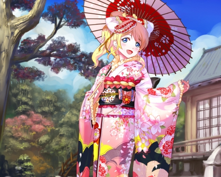 Kimono - cute, blond hair, happy, beautiful, blonde, umbrealla, anime girl, adorable, girl, oriental, smiling, blond, blonde hair, scenery, japan, pretty, kawaii, beauty, sweet, anime, yukata, home, nice, lovely, smile, kimono, scene, female, house, japanese