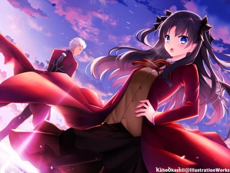 Tohsaka Rin - pretty, anime, kawaii, female, scene, tohsaka rin, dress, guy, long hair, boy, male, rin, nice, sky, tohsaka, anime girl, archer, beautiful, girl, beauty, rin tohsaka, lovely, brown hair, sweet, cloud, cute, adorable, fate stay night