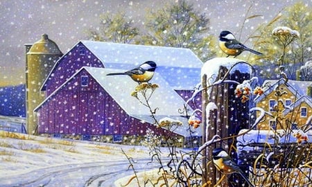 ★Winter Homecoming★ - pretty, birds, winter, beautiful, paintings, snow, colors, lovely, xmas and new year, cool, home, farms, villages, love four seasons, animals