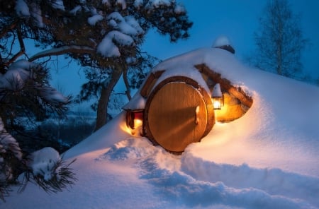 Cottage in the snow - cottage, home, trees, snow, winter, lights