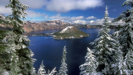 Crater Lake, Oregon - usa, winter, firs, water, clouds, snow