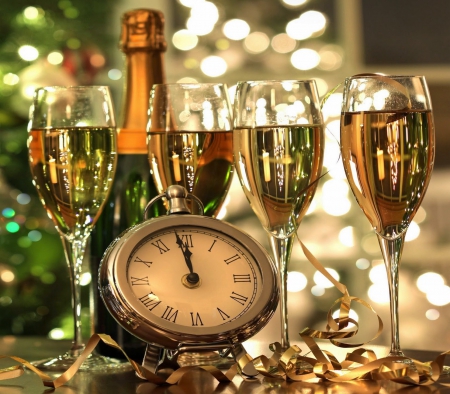 Celebrating New Year 2015! - champagne, glasses, 2015, new year, clock, celebration