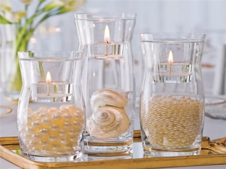 Candle and Pearls - white, candle, glass, shell, pearls