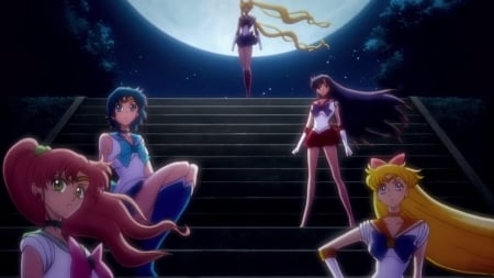 Moon Pride - pretty, twin tail, female, scene, night, uniform, sailor moon, staircase, blond, blue hair, nice, purple hair, sailormoon, hot, sailor mercury, beauty, stair, sexy, anime, twintail, windy, team, blonde, blond hair, long hair, group, short hair, moon, twin tails, anime girl, twintails, beautiful, girl, blonde hair, lovely, brown hair, sweet, magical girl, sailor mars, sailor jupiter, sailor venus