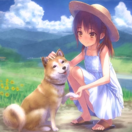 Doggie - pretty, anime, kawaii, female, scenery, landscape, scene, dog, long hair, mountain, happy, animal, puppy, nice, hill, gown, anime girl, beautiful, girl, sundress, scenic, beauty, lovely, brown hair, love, sweet, blouse, cute, adorable