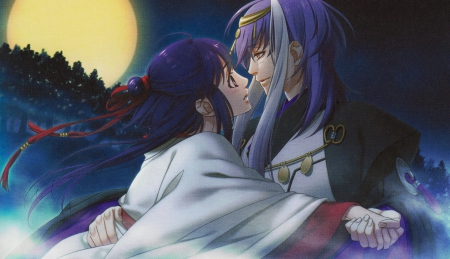 Kamigami no Asobi - moon, blush, night, long hair, kamigami no asobi, totsuka tsukito, kusanagi yui, blue hair, couple, visual novel, purple hair