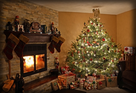 ♥ - christmas, christmas tree, fireplace, magic christmas, lights, room, xmas, merry christmas