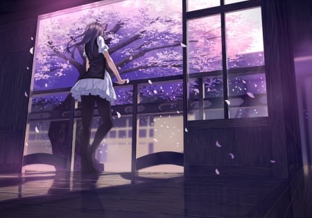 Falling Petals - nice, beauty, female, standing, anime girl, spring, cherry blossom, touhou, home, pretty, petals, anime, sakura blossom, house, scene, yakumo yukari, girl, lovely, stand, sakura, beautiful, blossom, scenery, sweet, dress, flower