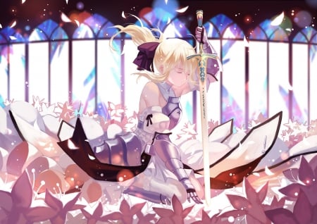 Lily - saber, arturia, anime, female, warrior, blossom, blonde, blond hair, long hair, armor, saber lily, blond, pendrragon, anime girl, girl, sword, blonde hair, flower, petals, knight, blade, arturia pendragon, fate stay night, excalibur