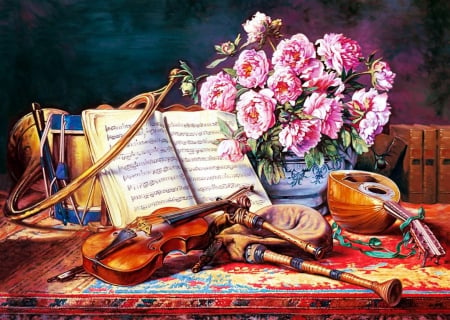 Still Life - flowers, music, instruments, violin, painting, artwork