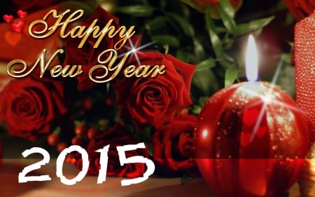 Happy New Year - greetings, candle, roses, light, arrangement, 2015