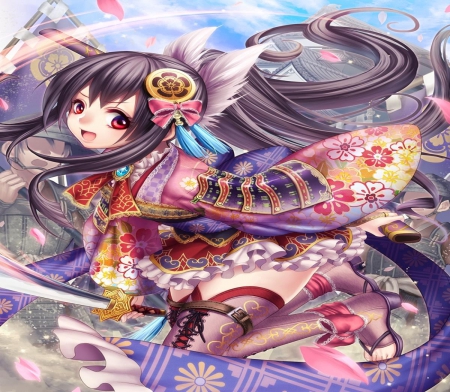 Japanese Girl - japan, katana, girl, sword, orginal, kimono, long hair, japanese