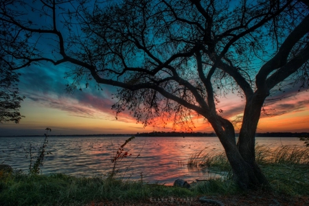 serenity - black, nature, blue, red, lake, sky