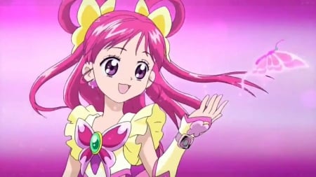 Cure Dream - pretty, anime, kawaii, female, pink, long hair, happy, nice, pink hair, smiling, anime girl, cure dream, beautiful, girl, beauty, lovely, sweet, pretty cure, smile, precure, magical girl, butterfly, cute, adorable