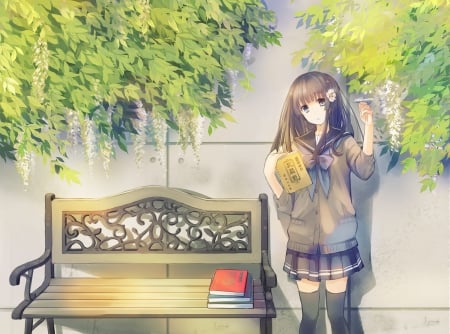 Anime Girl - skirt, girl, paper plane, student, bench, original, seifuku, naruse chisato, paper, books, anime