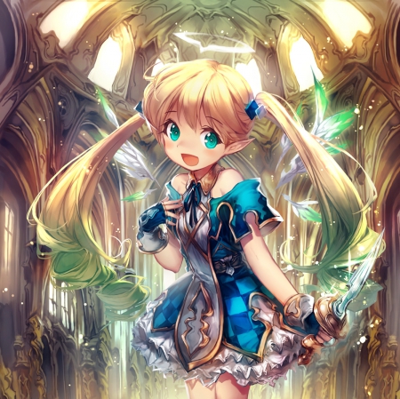 Bahamut - rapier, wings, anime girl, knife, blond hair, blonde hair, building, adorable, long hair, sweet, fairy, happy, nice, female, smiling, dressn, blond, twintail, blade, pretty, anime, house, twin tail, cute, girl, twintails, lovely, cg, hd, kawaii, twin tails, wing, weapon, smile, blonde