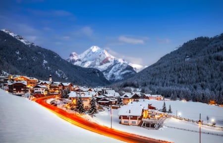 Picturesque Canazei - lights, winter, evening, beautiful, photo, village, picturesque, peaceful, sky, dusk, town, houses, view, mountain, snow