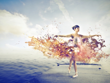 Beautiful Ballerina - paint splash, ocean, art, ballerina, sky, ballet, clouds, 3d, dance