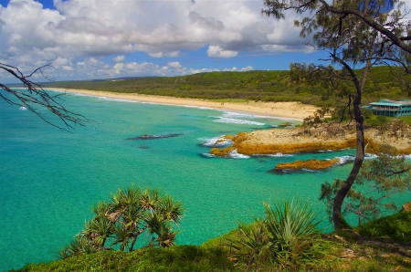 Summer Beach - beach, trees, clouds, beautiful, summer, sand, grass, sea