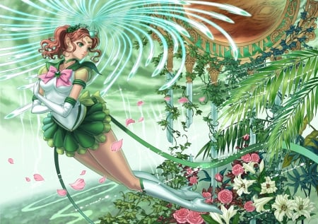 Flower Hurricane - pretty, anime, female, blossom, long hair, sailor moon, hd, nice, anime girl, sailormoon, beautiful, hot, girl, beauty, lovely, brown hair, sweet, flower, petals, cg, white, green, magical girl, sailor jupiter, floral, sexy