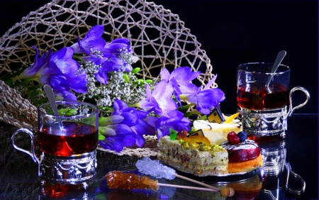 Time for tea - artist, beauty, drink, background, cups, photography, tea, time, still life, art, abstract, purple, dark, colors, flowers, cakes