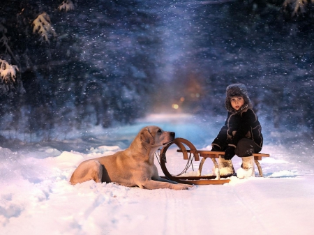  â„ Best Friends â„ - child, sled, dog, snow