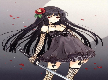 Tearfish - girl, long hair, gothic, orginal, art, pretty, katana, sword, dress