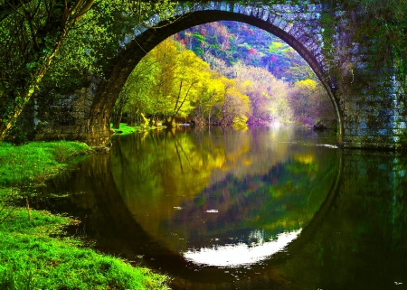 Autumn Reflections - fall, trees, reflection, stone bridge, beautiful, river, mountains, grass