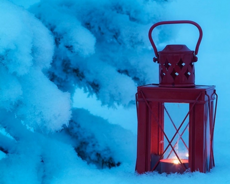 Lantern - red, lantern, snow, light