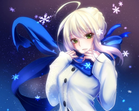 Snow Flakes - nice, saber, beauty, female, blond, anime girl, blond hair, pretty, blonde hair, cold, anime, pendragon, girl, arturia pendragon, winter, long hair, snowflakes, scarf, lovely, fate stay night, flakes, arturia, snow, beautiful, sweet, blonde