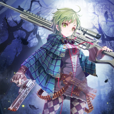 GunSlinGer - beautiful, shirt, gun, anime girl, girl, gunslinger, jacket, weapon, green hair, rifle, emotional, blouse, pretty, short hair, beauty, sweet, anime, sinister, hd, bullets, cg, nice, sinster, lovely, female