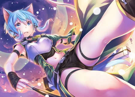 Sinon - tail, neko, cat, sinon, long hair, wings, wallpaper, anime girl, shino asada, blue hair, bow, anime, shorts, cape, cat ears