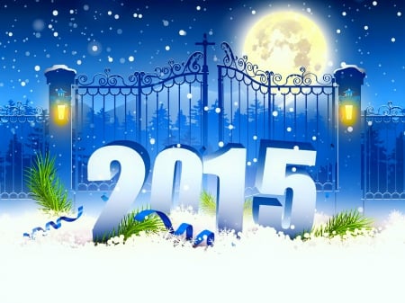 Happy New Year! - moon, sky, stars, background, year, beauitiful, lanterns, evening, door, blue, 2015, holiday, moonlight, new, happy