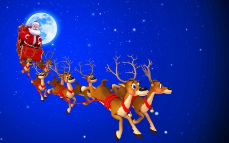 MERRY CHRISTMAS and HAPPY NEW YEAR - moon, new year, sky, riding, digital arts, blue sky, fantasy, christmas, santa, abstract, deers