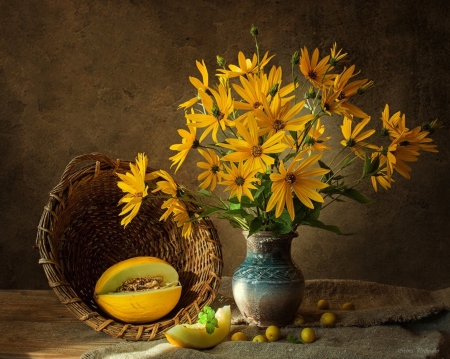 Still Life - flowers, vase, yellow, still life