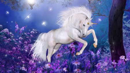 Dancing Unicorn - trees, mystical, fireflies, night, mythical, flowers, daisies, fantasy, unicorn, mysterious