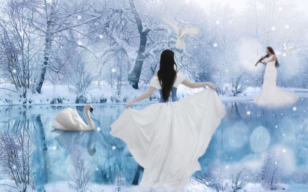 âœ¿ Harmony âœ¿ - woman, swan, two, trees, winter, concert, white, colour, forest, snow, river, brunette, violin, landscapes