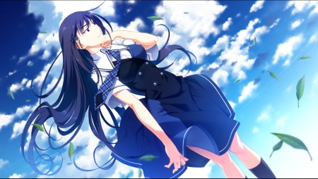 Caress Of The Wind - blades of grass, yumiko, sakaki, blue sky, anime, anime girl, grass, grisaia no kajitsu, school uniform, sky, clouds, yumiko sakaki, blowing hair, blue hair