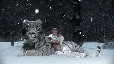 Guardian of the Snow Queen - woman, artwork, winter, snowflakes, tiger