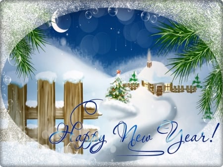 Happy New Year - christmas tree, happy new year, snow, pine, winter, holiday, house