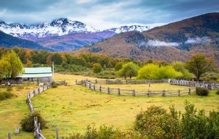 River Cisnes Valley - house, trees, beautiful, snowy peaks, grass, forest, Andes, wooden fence, field, Chile, mountains