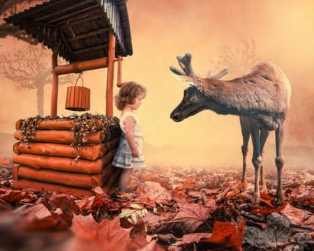 When i was a Child - animal, child, leaf, well, deer