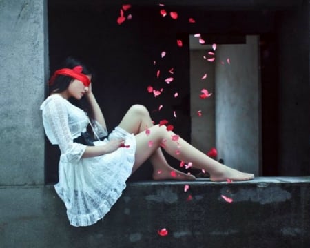 Falling Petals - falling, red, petals, woman