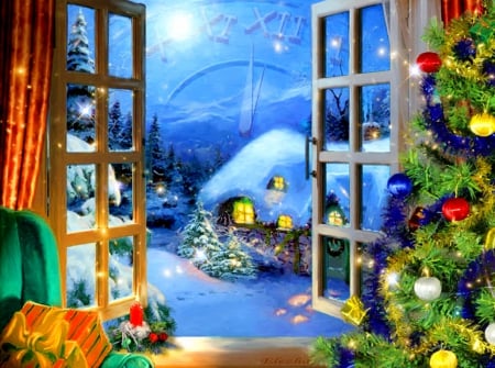 New year magic - magic, window, snow, clock, cozy, home, holiday, fairytale, view, art, sky, midnight, house, winter, decoration, beautiful, moonlight, village, time, new year, painting, cottages, peaceful