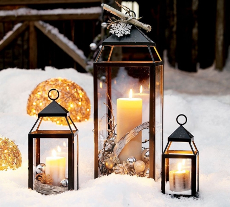 Christmas lanterns - winter, decoration, lanterns, snow, outdoor, holidays, christmas, lights, ornaments, candles, xmas