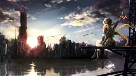 ☯|Rɛαdʏ For Ɯαr|☯ - Cute, Sweet, Scenic, Sunset, Buildings, Clouds, Lovely, Anime, White, Water, War, Gun, Stockings, Sky, Awesome, Beautiful, Weapon, Girl, Short Hair, Scenery, Wonderful, Reflection, Sun, Background