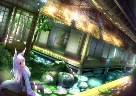 Veranda - beautiful, anime girl, girl, oriental, japan, pretty, shrine, beauty, sweet, anime, purple hair, garden, long hair, kitsune, building, home, nice, lovely, scene, female, house, japanese