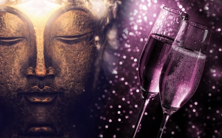 New Year In Peace! â™¥ - new year, face, glasses, buddha, champagne, golden