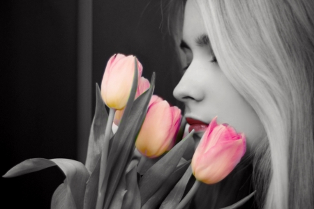 The smell of spring - tulips, girl, lips, the smell of spring